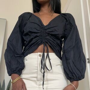 Mango Blue Ruched Crop Blouse with 3/4 Sleeves